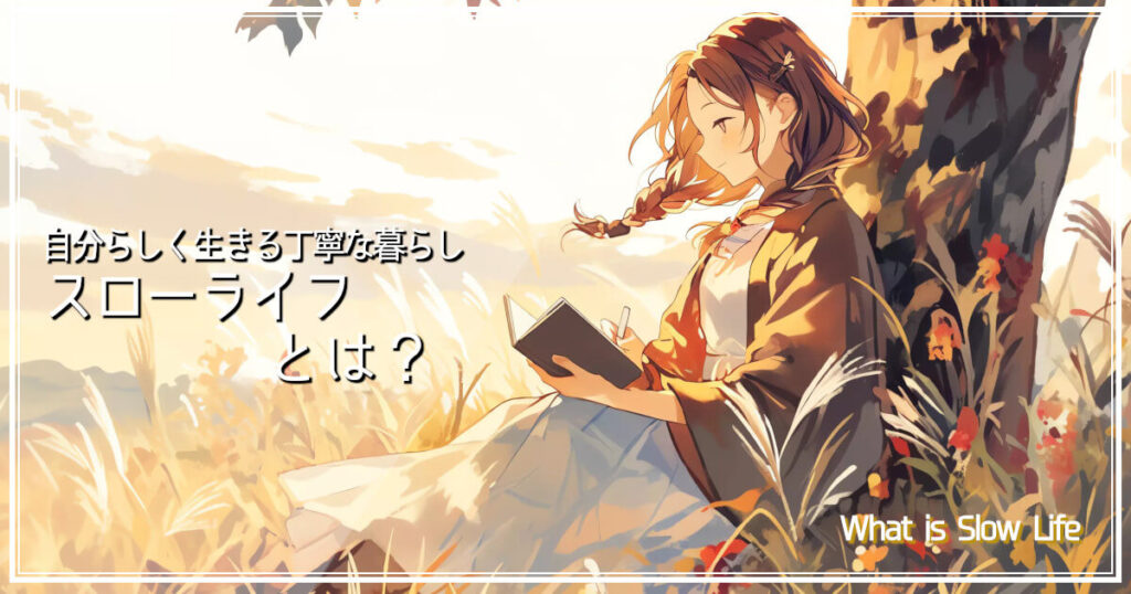 「スローライフとは?」という疑問符と穏やかな自然の中で読書をする女性のイラスト画像です。