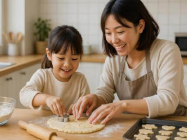 お金をかけずにお菓子作りを子供と楽しんでいるところをイメージした画像です。