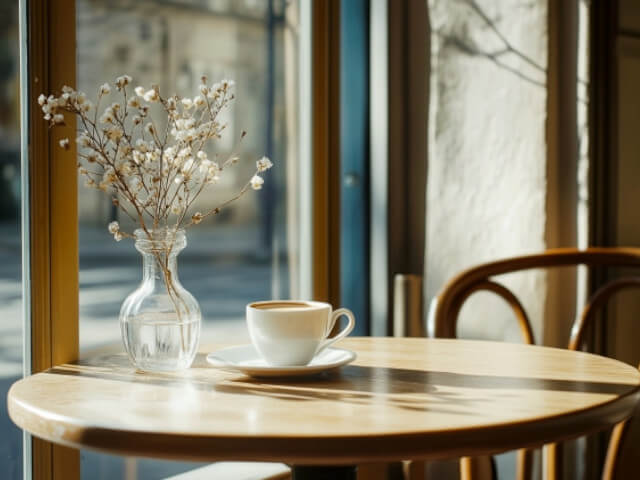 木のテーブルに飾られた花とコーヒーの画像です。
